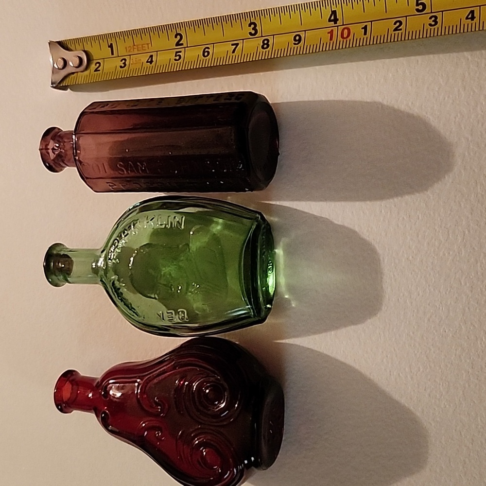 Set of Three Vintage Glass Bottles - Red, Green, and Purple - Picture 3 of 7